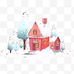 冬天彩色房子卡通雪天手绘插画