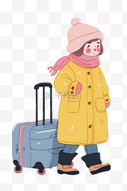 旅游黄色背景图片_冬天女孩行李箱卡通旅游手绘元素