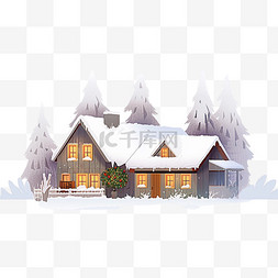 灯光简约背景图片_卡通手绘冬天落雪小木屋元素