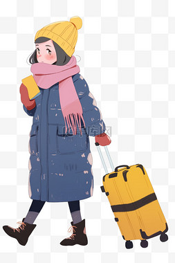 冬天女孩行李箱旅游手绘卡通元素