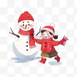 卡通冬天可爱孩子堆雪人手绘元素