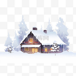 冬天落雪卡通小木屋手绘元素
