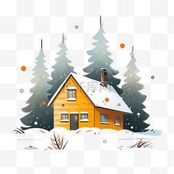 卡通冬天雪天木屋松树手绘元素