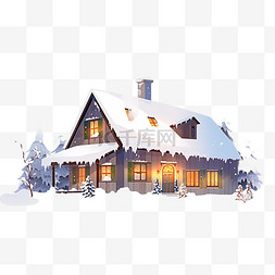 雪落松树图片_落雪冬天小木屋卡通手绘元素