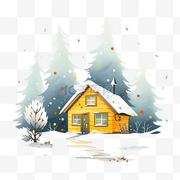 冬天卡通雪天木屋松树手绘元素