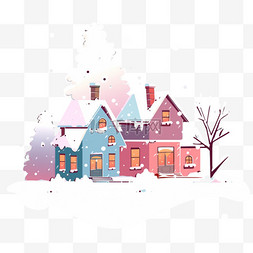 彩色房子雪天冬天卡通手绘插画