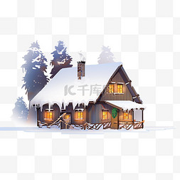 雪松树图片_卡通冬天落雪小木屋手绘元素
