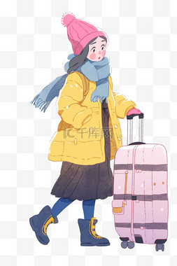 旅游黄色背景图片_女孩冬天行李箱旅游卡通手绘元素