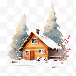 冬天雪天木屋卡通松树手绘元素