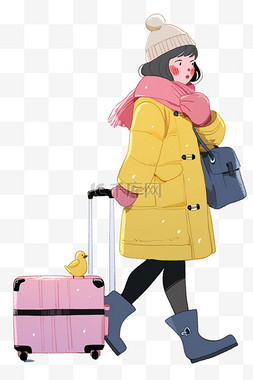 冬天女孩卡通行李箱旅游手绘元素