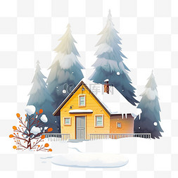 雪落松树图片_木屋冬天雪天松树卡通手绘元素