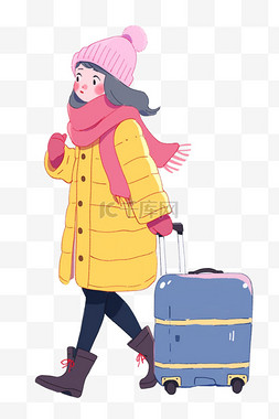 旅游黄色背景图片_手绘冬天女孩行李箱旅游卡通元素