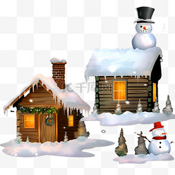 卡通冬天落雪的木屋松树雪人手绘