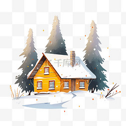 冬天松树雪天木屋卡通手绘元素