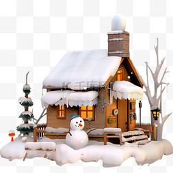 手绘冬天落雪的木屋松树雪人卡通