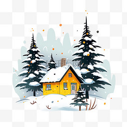 雪松树图片_雪天木屋冬天松树卡通手绘元素
