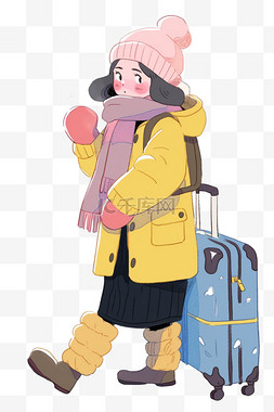 旅游黄色背景图片_卡通冬天女孩行李箱旅游手绘元素