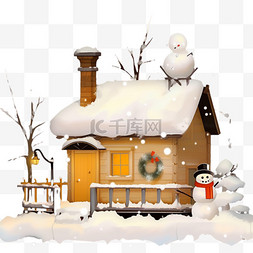 落雪的木屋松树雪人冬天卡通手绘