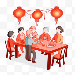 一家人吃饭图片_新年手绘团圆聚餐卡通元素