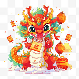 灯笼鞭炮红背景图片_龙年插画卡通手绘新年元素