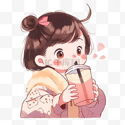 奶茶可爱的女孩图片_冬天可爱女孩奶茶简笔画卡通手绘