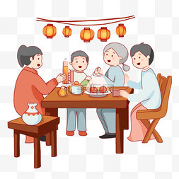 一家人吃饭图片_新年团圆聚餐手绘卡通元素