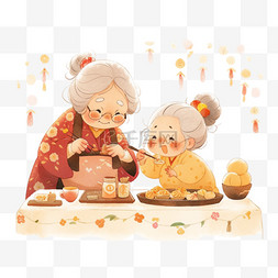 福狗迎新图片_新年奶奶和孩子做糕点手绘卡通元