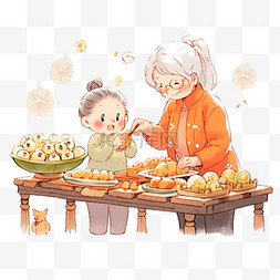 新年红色喜庆背景图片_卡通新年元素奶奶和孩子做糕点手