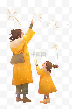 黄色棉服图片_新年母子放烟花手绘卡通元素