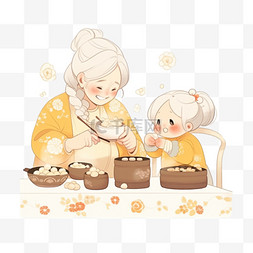 新年卡通奶奶和孩子做糕点手绘元
