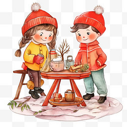盆栽图片_冬天可爱孩子植物手绘元素卡通