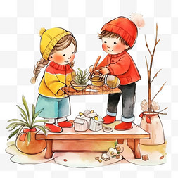 盆栽图片_卡通手绘冬天可爱孩子植物元素