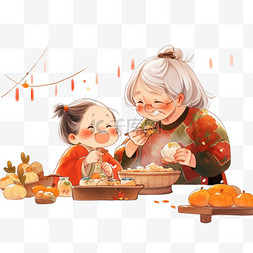 卡通新年奶奶和孩子做糕点手绘元