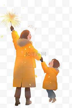 妈妈和孩子元素图片_新年母子卡通手绘放烟花元素