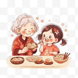 新年红色喜庆背景图片_新年奶奶和孩子做糕点卡通元素手