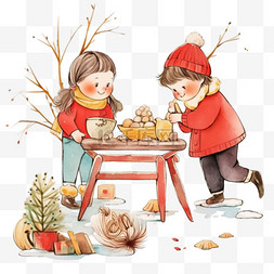 手绘盆栽图片_可爱孩子植物卡通手绘冬天元素