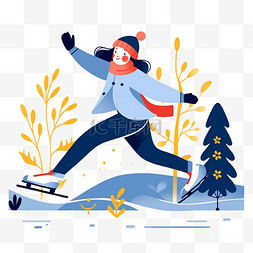 深蓝色背景简约图片_冬天滑冰女孩卡通元素手绘