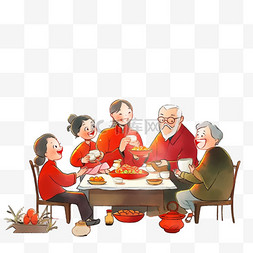 卡通新年家人团圆手绘聚餐元素