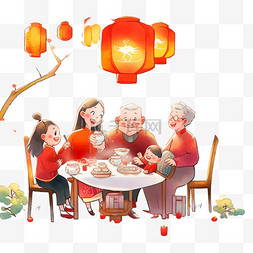 一家人吃饭图片_新年手绘元素家人团圆聚餐卡通
