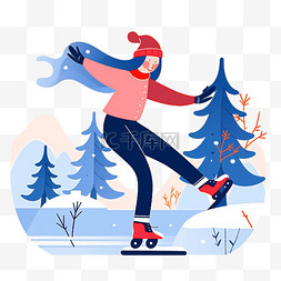 女孩冬天滑冰卡通手绘元素
