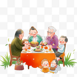 院子背景图片_新年手绘家人团圆聚餐卡通元素