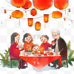 卡通美食背景素材图片_卡通新年手绘家人团圆聚餐元素