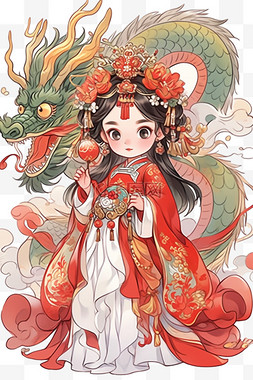 卡通龙线描图片_龙年古典女孩新年卡通手绘元素