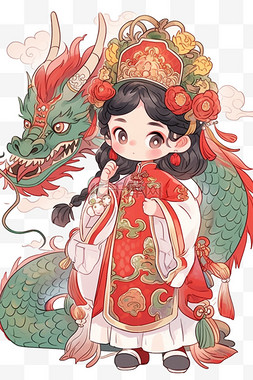 线描卡通背景图片_手绘元素新年龙年古典女孩卡通