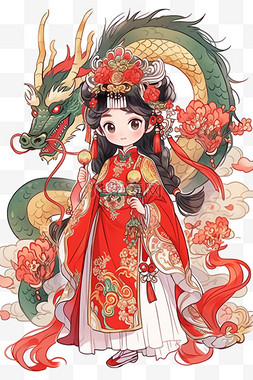 女孩节图片_卡通新年龙年古典女孩手绘元素