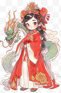 线描卡通背景图片_卡通手绘新年龙年古典女孩元素