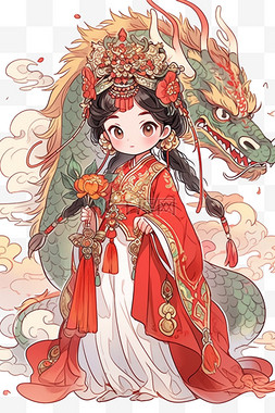 卡通龙线描图片_新年龙年手绘元素古典女孩卡通