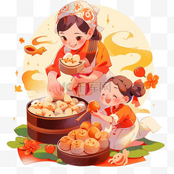 喜庆新年背景素材图片_母女新年美食卡通手绘元素