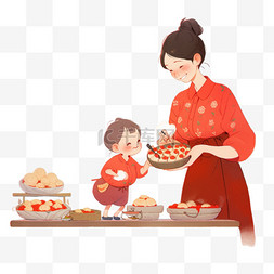 母女美食卡通手绘新年元素