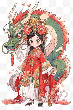 线描卡通女孩图片_新年手绘元素龙年古典女孩卡通